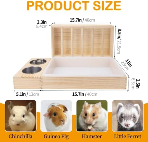 BESNEW 3 in 1 Rabbit Hay Feeder with Litter Box,Wooden Hay Feeder with 2 Bowls & Litter Box for Guinea Pig Chinchilla Bunny Other Small Animals,Large Capacity & Preventing Waste