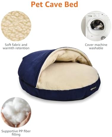 AmazonBasics Anti-Anxiety Calming Burrow Pet Cave Bed for Small and Medium Dogs, with Removable Nesting Cave Cover, Fits up to 35lbs Pets, 30 x 30 x 12.5 inches, Blue