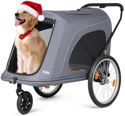 R8 Extra Large Foldable Pet Stroller, Dog Stroller & Pet Trailer for Large Dogs Under 100 lbs, Unmovable, Disabled & Pregnant Dogs - Conveniently Carriable by Bike and Car, Grey