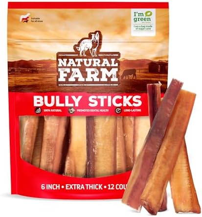 Natural Farm Odor Free Jumbo Bully Sticks (6 Inch, 12 Pack), Extra-Thick Dog Treats – Fully Digestible 100% Beef Treats, Natural Dental Chews – Keep Your Dog Busy with 50% Longer Lasting Chews