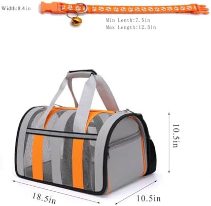 18.5" Airline Approved Pet Carrier for Small Dogs & Cats, Portable Soft-Sided Cat Travel Bag with Adjustable Bell Collar & Safety Leash, Lightweight Foldable Dog Carrying Case