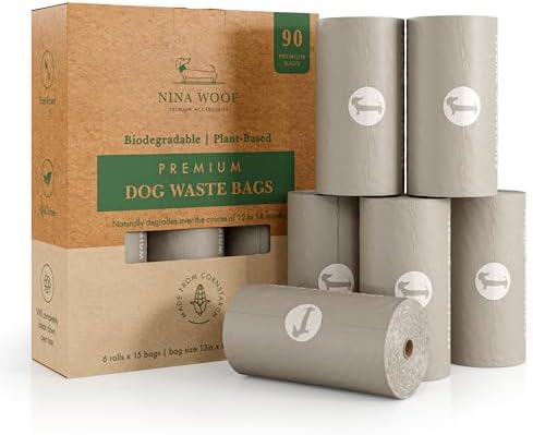 NINA WOOF Dog Poop Bags Rolls - 90 Compostable & Biodegradable for Puppy Walks, Travel, Thick Refill Housebreaking dog poo bags Premium Cornstarch Pet Poo Bags Dogs
