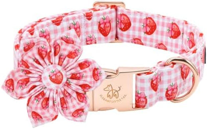Elegant little tail Dog Collar with Flower, Pink Gingham Plaid with Strawberry Print Summer Girl Pet Collars Cute Puppy Collar Adjustable Collars for Small Medium Large Dogs, Summer Party, S