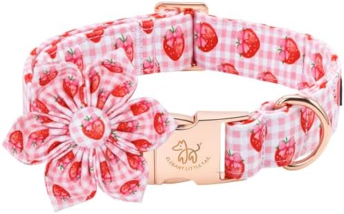 Elegant little tail Dog Collar with Flower, Pink Gingham Plaid with Strawberry Print Summer Girl Pet Collars Cute Puppy Collar Adjustable Collars for Small Medium Large Dogs, Summer Party, L