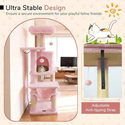 DORTALA Cat Tree for Indoor Cats, 44" Modern Cat Tower with Top Perch, Condo, Hammock, Sisal Scratching Posts, Dangling Balls, Platforms, Multi-Level Pet Climbing Furniture Playground (Pink)