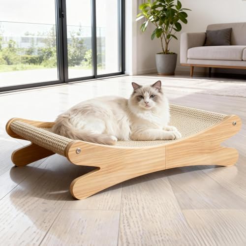 Natural Sisal Cat Scratcher Bed with Hammock – Solid Wood Furniture Style, Extra Large Cat Lounger & Scratch Pad for Indoor Cats, Protects Furniture