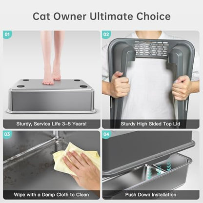 Stainless Steel Cat Litter Box, XL High Sided Open Top Litter Pan, 1 Scoop