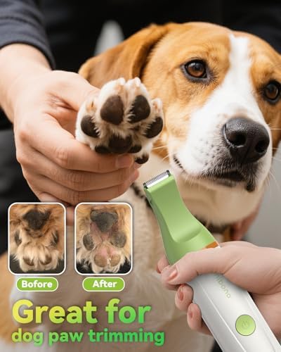 unibono Dog Grooming Kit with Paw Trimmer, All-in-One Low Noise Electric Rechargeable Small Quiet Pet Clippers Foot Dog Hair Shaver with Stainless Steel Scissors and Comb for Dogs at Home (Green)