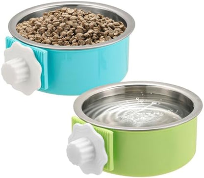 Mechpia 2 Pieces Crate Dog Bowl, Removable Stainless Steel Pet Kennel Hanging Food Water Feeder Bowl Cage Coop Cup for Puppy Medium Dog Cat Rabbit Ferret Bird (Blue,Green)