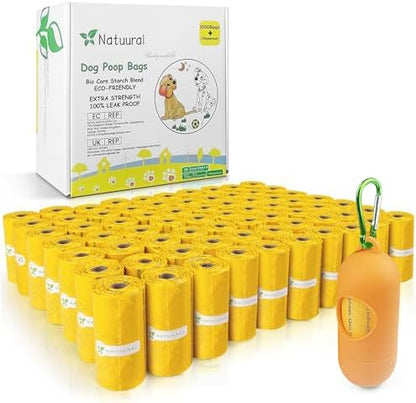 Poop Bags for Dogs-1050 Counts, 70 Rolls With a Free Dispensers, Biodegradable Poop Bags Made of Cornstarch, Size: 9x13 Inch, Extra Thick Strong and 100% Leak Proof (Yellow)