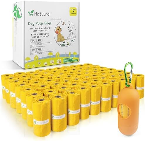 Poop Bags for Dogs-1050 Counts, 70 Rolls With a Free Dispensers, Biodegradable Poop Bags Made of Cornstarch, Size: 9x13 Inch, Extra Thick Strong and 100% Leak Proof (Yellow)