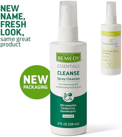 Medline Remedy Essentials Spray Cleanser (4 fl oz Spray), 1 Count, Scented, Full Body Cleanser & Shampoo, Sulfate Free, Gentle Body Wash, For Men & Women, Incontinence Cleaning, Bedside Cleansing