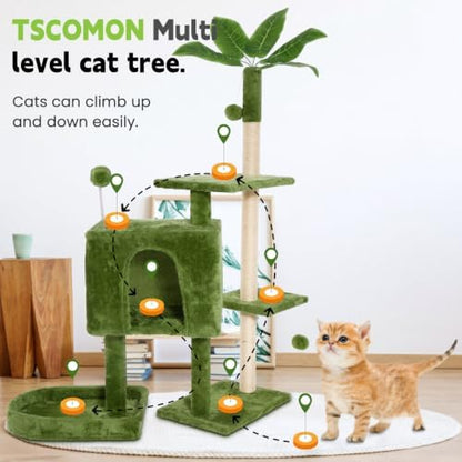 52inch Large Cat Tree Tower Condo with Hammock for Indoor Cats, Soft Plush Multi-Level Climbing Tree Cat House with Cat Cave, Scratching Post, Sisal Rope, Green