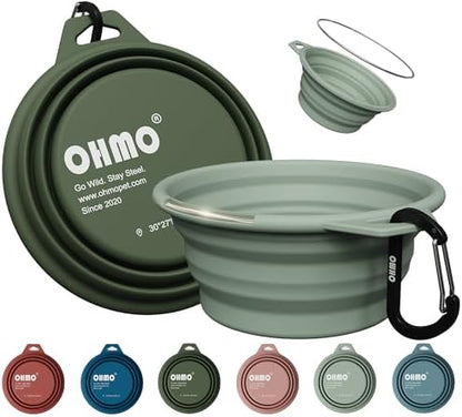 OHMO Small Collapsible Dog Bowls, Steel Rim, 12oz, 2pcs, Camo&Sage Green