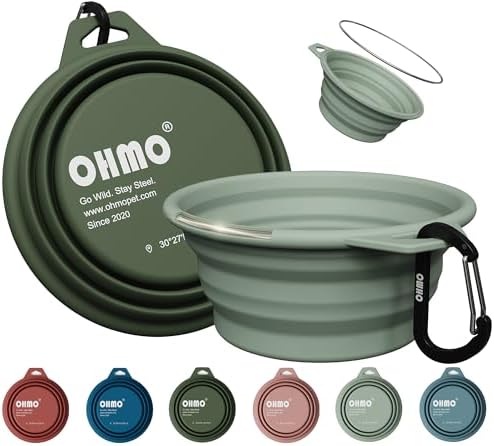 OHMO Small Collapsible Dog Bowls, Steel Rim, 12oz, 2pcs, Camo&Sage Green