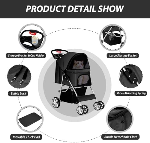 Unisakey Foldable 4-Wheel Pet Stroller for Dogs Cats 10-33lbs, Black