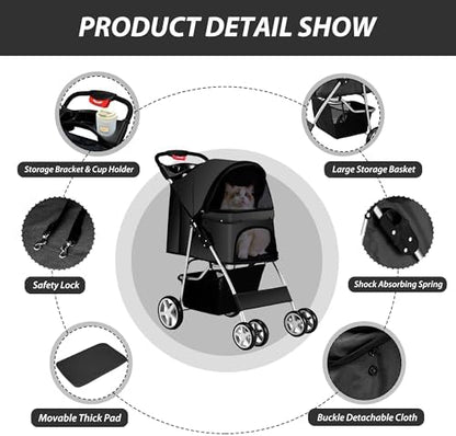 Unisakey Foldable 4-Wheel Pet Stroller for Dogs Cats 10-33lbs, Black