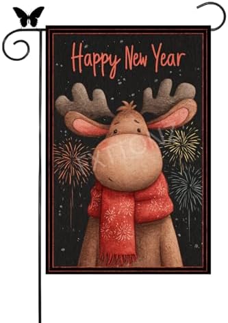 Happy New Year Garden Flag 12x18 Double Sided Vertical Linen Small Fireworks Moose House Flag Welcome Holiday Winter House Outdoor Outside Decorations (27178)
