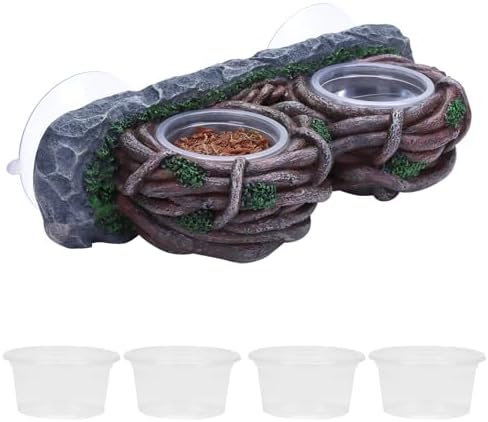 AIICIOO Crested Gecko Feeding Ledge Double Bowl Reptile Vine Food Ledge with 4 PCS Cup Corner Water Bowl for Lizard Snake Bearded Dragon Frog Turtle Terrarium Tank Decor