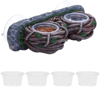 AIICIOO Crested Gecko Feeding Ledge Double Bowl Reptile Vine Food Ledge with 4 PCS Cup Corner Water Bowl for Lizard Snake Bearded Dragon Frog Turtle Terrarium Tank Decor