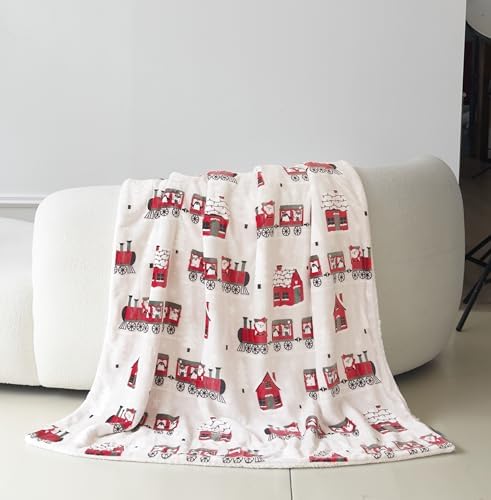 Elegant Comfort Reversible and Ultra-Plush Flannel Fleece-Winter Christmas Sherpa Throw- Lightweight Soft and Cozy-Holiday Decorative Throw, Perfect for Lounging, 50 x 60 inches, Santa Train