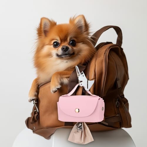 Affrolling 5 Pcs Leather Dog Poop Bag Holder Christmas Include 45 Scented Poop Bags Dispenser Cute for Travel Walking Dog Park and Outdoor Use(Pink)