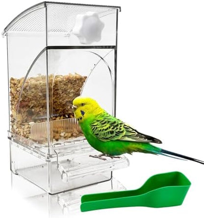 Hamiledyi No Mess Bird Feeder Automatic Transparent Acrylic Parrot Seed Food Container with Perch Bird Cage Accessories for Parakeet Finch Lovebirds Budgies Canary