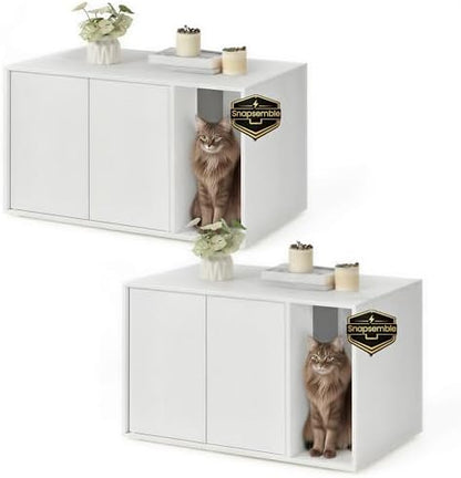 SONGMICS Home Cat Litter Box Enclosure, Snapsemble Superfast Assembly, Cat House for Large Cats, Display Side Table, Push-to-Open Doors, Minimalist Modern, Set of 2, Snow White UPCL013W01-2J