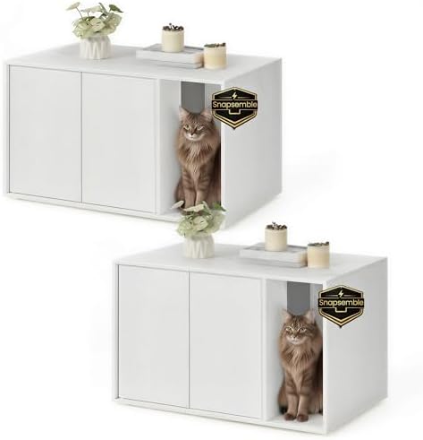 SONGMICS Home Cat Litter Box Enclosure, Snapsemble Superfast Assembly, Cat House for Large Cats, Display Side Table, Push-to-Open Doors, Minimalist Modern, Set of 2, Snow White UPCL013W01-2J