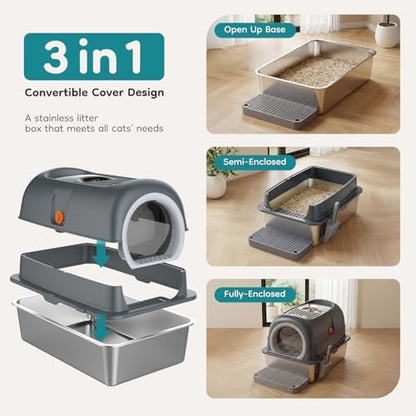 OLIXIS Stainless Steel Enclosed Litter Box with Lid, High Sided