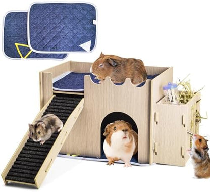 kathson Wood Guinea Pig Hideout Small Rabbit Hideout with Water and Hay Feeder Ramp, Easy to Assemble Wooden Hamster House for Small Animal Bunny Chinchilla Rat Hedgehog with 2xGuinea Pig Cage Liners