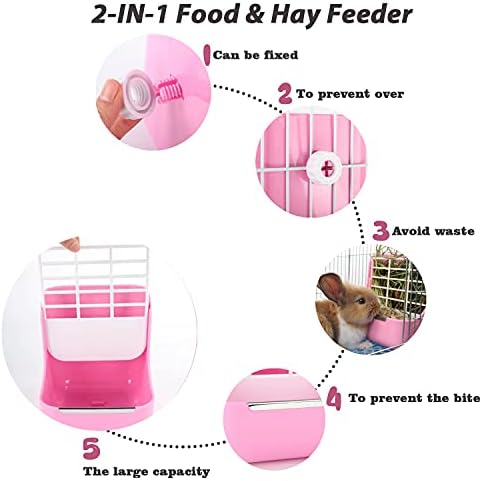 HERCOCCI Rabbit Hay Food Bin Feeder and Bunny Water Bottle Set, Hay Food Feeder Bowls Manger Rack with 500ml Hanging Water Dispenser Prevent Knock Over for Rabbit Guinea Pig Chinchilla (Large, Pink)