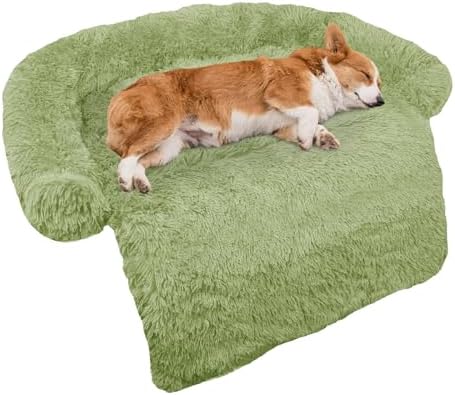 GGIB Calming Dog Bed Fluffy Plush Dog Mat for Furniture Protector with Removable Washable Cover for Large Medium Small Dogs and Cats (Medium, Grass Green)