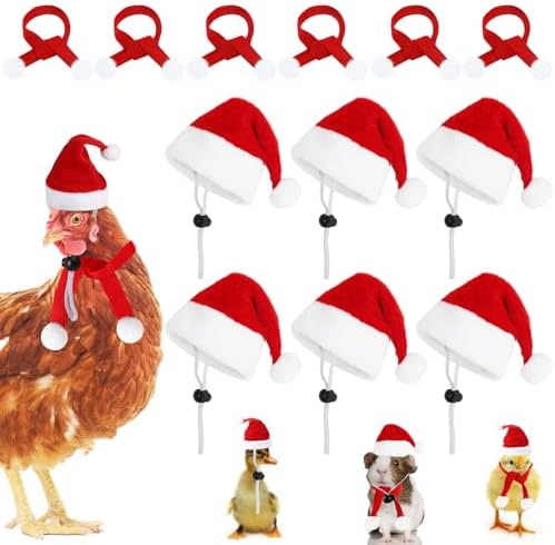 FOIMAS 12pcs Christmas Pet Chicken Hat Scarf Set Small Animal Hat Costume Set for Hen Duck Hamster Guinea Pig Rabbit Kitty Puppy Parrot Lizard Xmas Party Supply