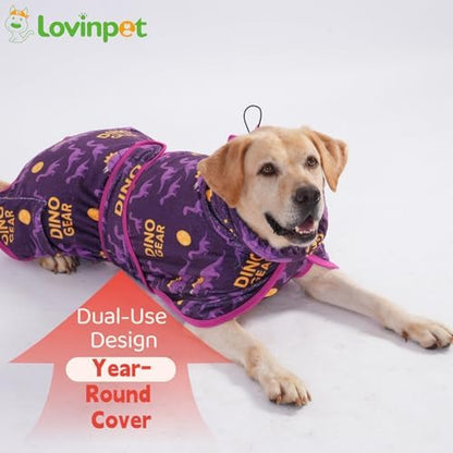 LovinPet 3-in-1 Dog Warm Winter Coat & Bathrobe, Purple Dinosaur Fleece, M
