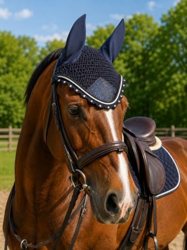 Horse Ear Bonnet for Horses – Handmade Crochet Fly Veil with Crystal Stones, Glitter Patch, Breathable Stretch Ears, Horse Fly Bonnet Ear Bonnet for Riding (Navy Blue, COB)