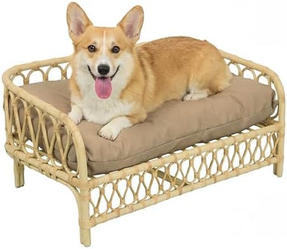 DBD1005B Elevated Pet Daybed 27.5" x 17", Handwoven Rattan Dog & Cat Bed with Machine Washable Cushion, Wicker Rattan Sofa for Small to Medium Pets, Bohemian Style, Light Brown