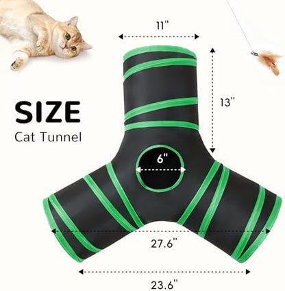 Tempcore Cat Tunnel, 3-Way Collapsible Toy for Indoor Cats, Black & Green