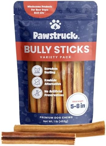 Pawstruck Premium 5-8" Bully Sticks for Dogs, 1 lb Bag - 100% Digestible, Natural Beef, Low Odor, Long-Lasting Chew for Medium & Large Dogs - Single Ingredient, Rawhide-Free Treat