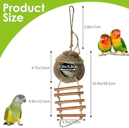 Tfwadmx Coconut Bird Nest Hut with Ladder Natural Coconut Fiber Shell Hanging Coco Birds House Parrot Cage Decor for Parrot Parakeet Lovebird Finch Canary