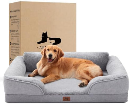 XL Orthopedic Dog Bed for Large Dogs, Waterproof Egg-Crate Foam Pet Couch Bed with Sided Soft Bolsters, 42"x32" Supportive Non-Slip Dog Sofa with Removable Washable Cover, Light Gray