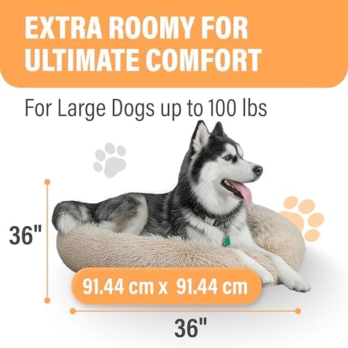 Active Pets Premium Large Donut Dog Bed, Fits Up to 100 lbs, Machine Washable Cushion, Plush Long Pile Faux Fur Fabric, Portable Beige Pet Bed Furniture for Puppies Adult Canines & Cats