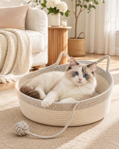 Cat Bed Handwoven Rope Basket Instinct for Indoor Cotton Natural Woven Hanging Scratcher Cushion Sleep Scratch Play Scratching Round Toy BEF Holder