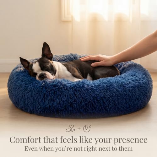 Calming Dog Bed for Medium Dogs Washable Donut 30 inches Anti-Slip Pet Bed,Round Fluffy Plush Faux Fur Cat Bed,Fits up to 45 lbs Pets,Navy Blue