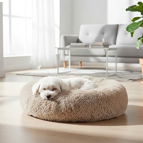 PetAmi Calming Donut Dog Bed, Washable Faux Fur, 23 Inch Small, Taupe