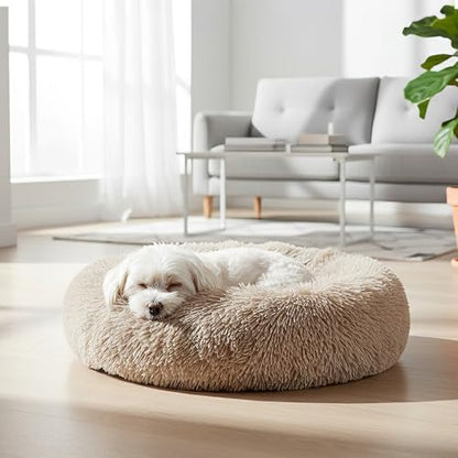 PetAmi Calming Donut Dog Bed, Washable Faux Fur, 23 Inch Small, Taupe