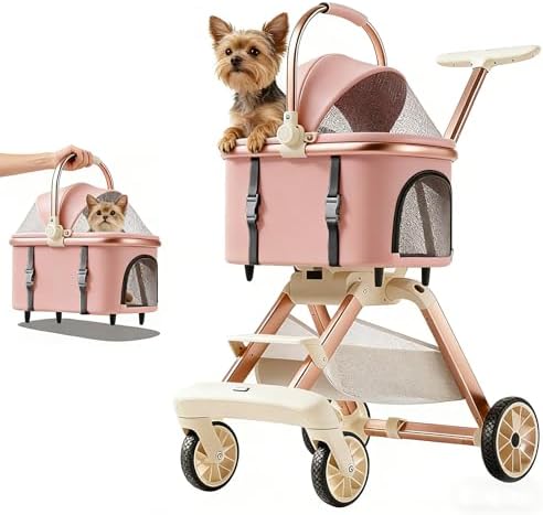 All-Terrain Pet Stroller for Small Medium Dogs & Cats, 20 lbs Capacity - Portable Carrier with One-Touch Brake, Lightweight Foldable Design & Shock Absorption Wheels,Pink