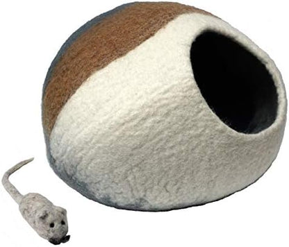 100% Wool Felt Cat Cave Bed Handmade in Nepal with Free Mouse Toy Included (Gray/Tan/Cream)
