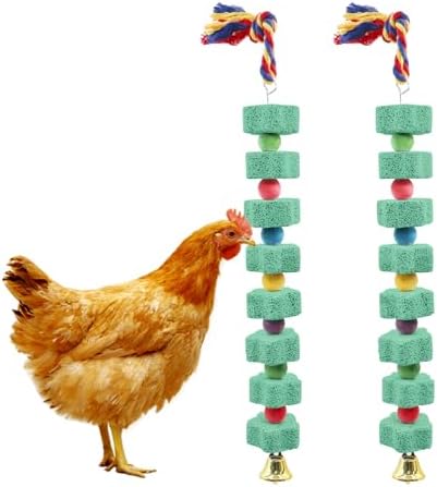 Oooct 2 Pack Large Chicken Chewing Toy, Chick Beak Grinding Calcium Stone with Bells, Chicken Cage Accessories, Cage Toys for Cockatiel Parakeet Parrot Budgies Rat Hamster Rabbit Bunny African Grey
