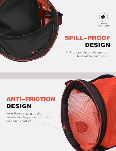 Harrison Howard Horse Muzzle Feed Bag Nylon Mesh Grain Feed Bag with Padded Neck Strap Adjustable Belt Orange Medium
